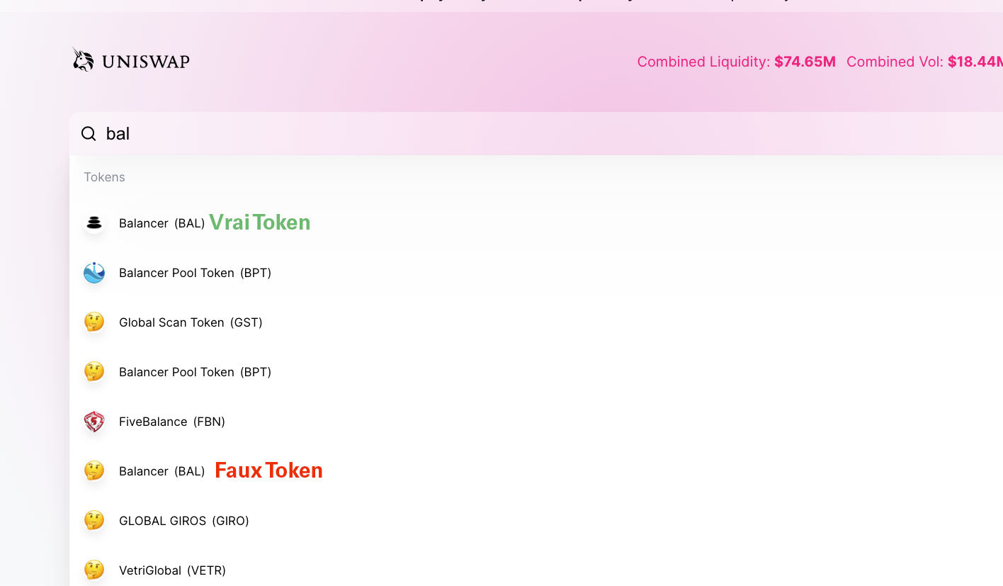 Exemple de faux token DeFi homonyme sur Uniswap