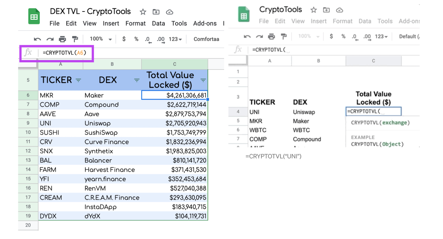 Export du Total Value Locked en DeFi dans un tableur Google Sheets