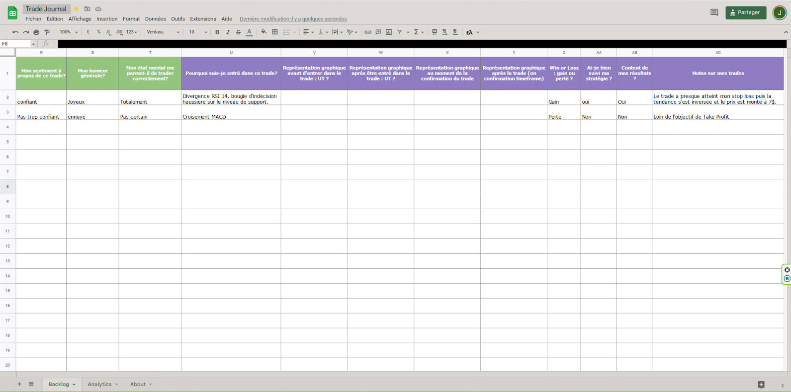 exemple journal de trading excel partie 1